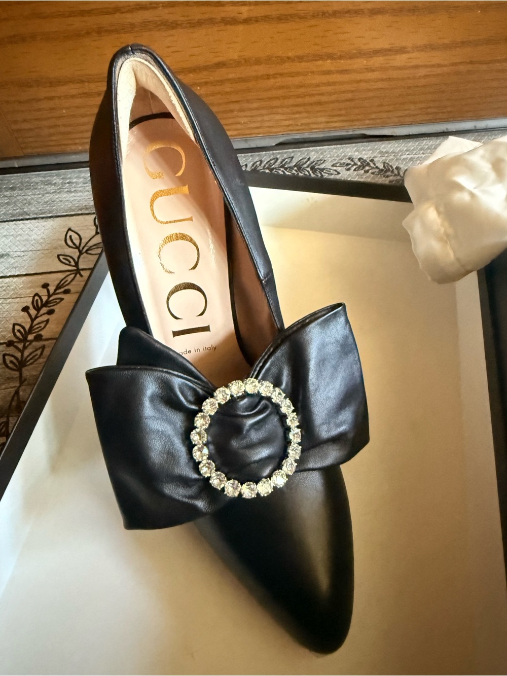Gucci Black Leather Pointed Toe Pump with Crystal Buckle